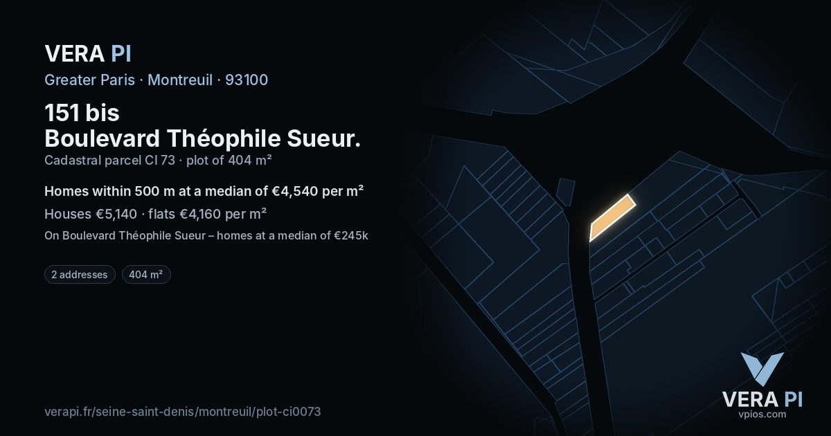 151 bis Boulevard Théophile Sueur, Montreuil at night – the plot lit, the parcels around coloured by the prices near them