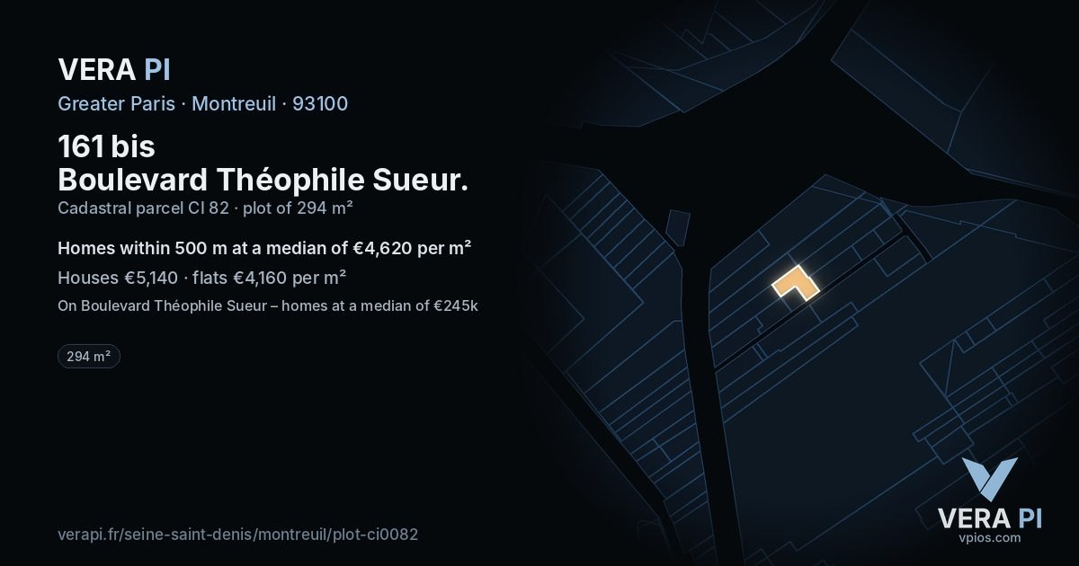 161 bis Boulevard Théophile Sueur, Montreuil at night – the plot lit, the parcels around coloured by the prices near them