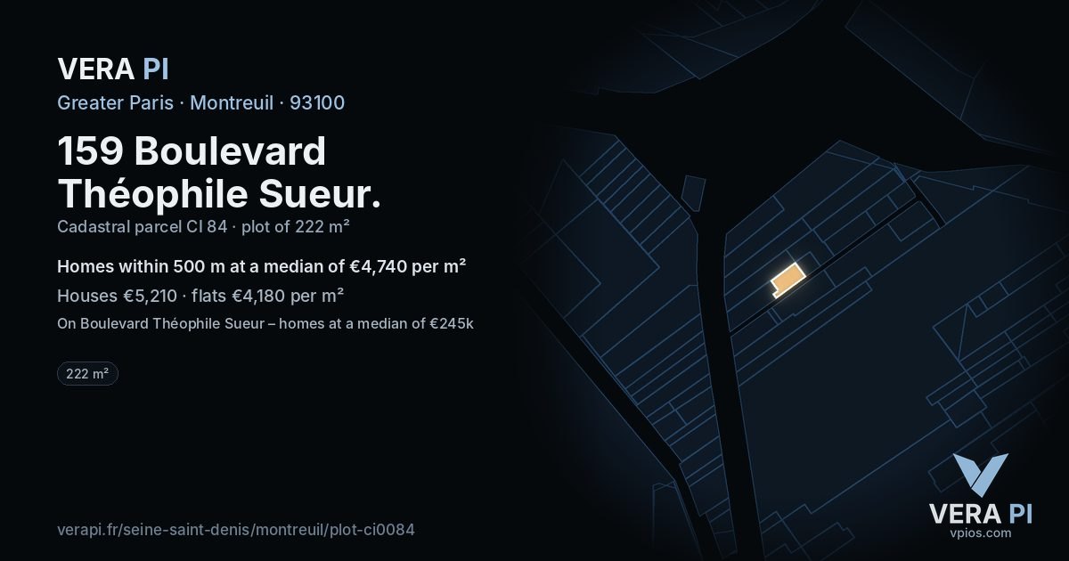 159 Boulevard Théophile Sueur, Montreuil at night – the plot lit, the parcels around coloured by the prices near them