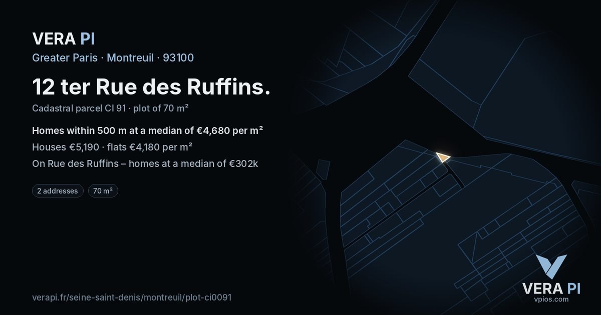 12 ter Rue des Ruffins, Montreuil at night – the plot lit, the parcels around coloured by the prices near them