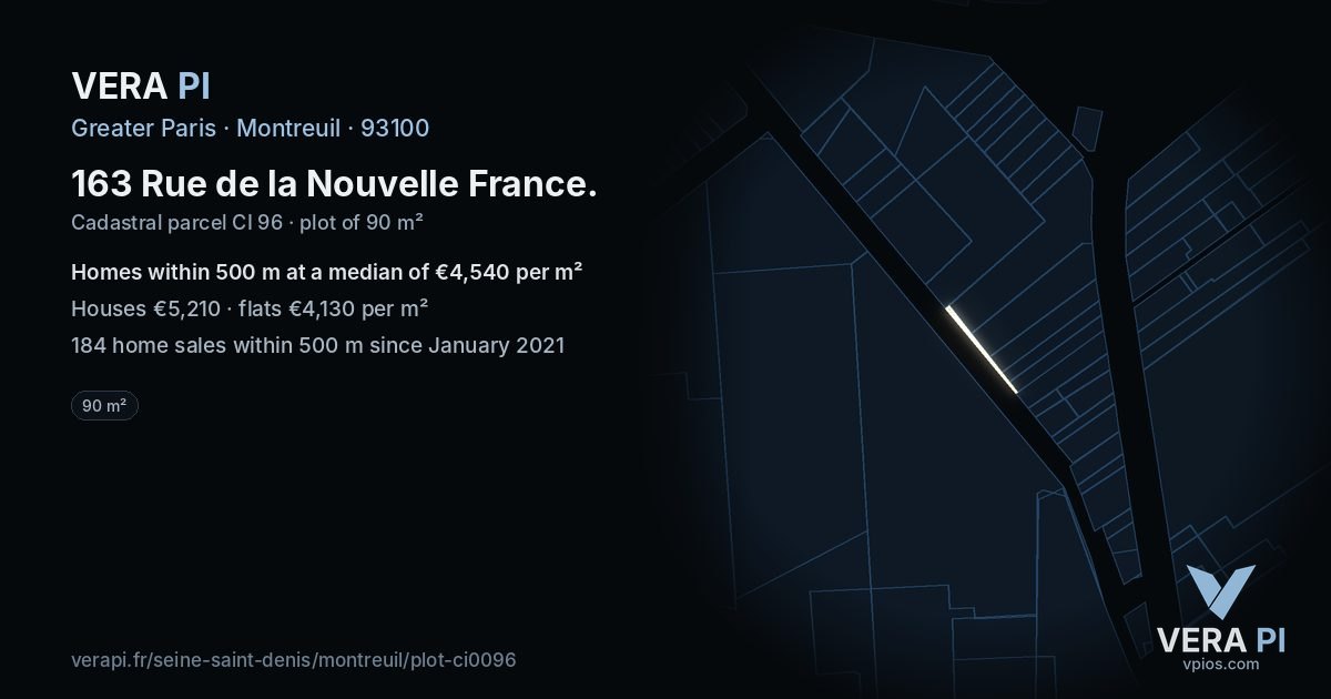 163 Rue de la Nouvelle France, Montreuil at night – the plot lit, the parcels around coloured by the prices near them