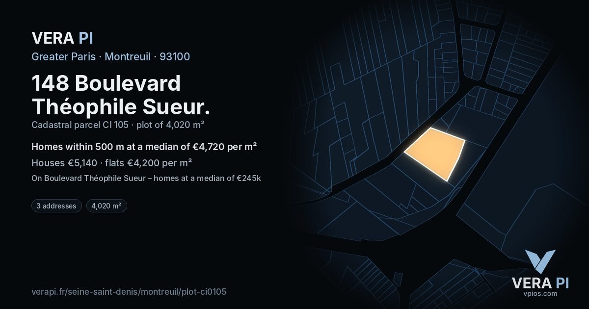 148 Boulevard Théophile Sueur, Montreuil at night – the plot lit, the parcels around coloured by the prices near them
