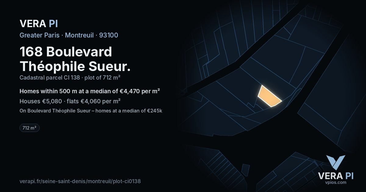 168 Boulevard Théophile Sueur, Montreuil at night – the plot lit, the parcels around coloured by the prices near them