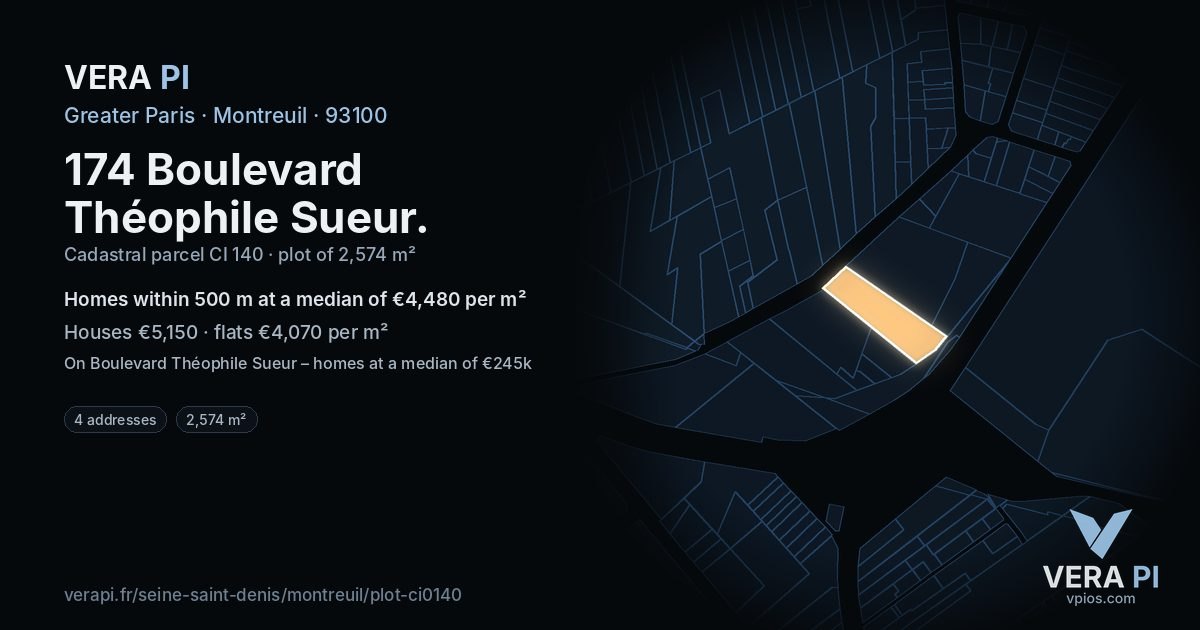 174 Boulevard Théophile Sueur, Montreuil at night – the plot lit, the parcels around coloured by the prices near them