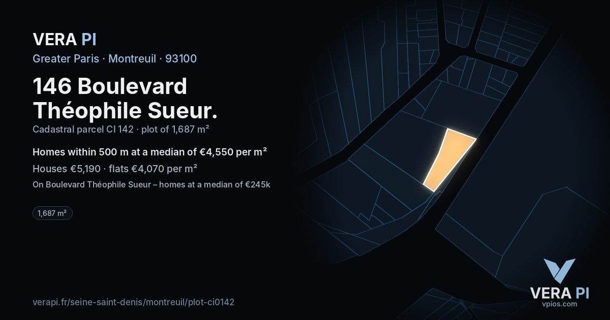 146 Boulevard Théophile Sueur, Montreuil at night – the plot lit, the parcels around coloured by the prices near them