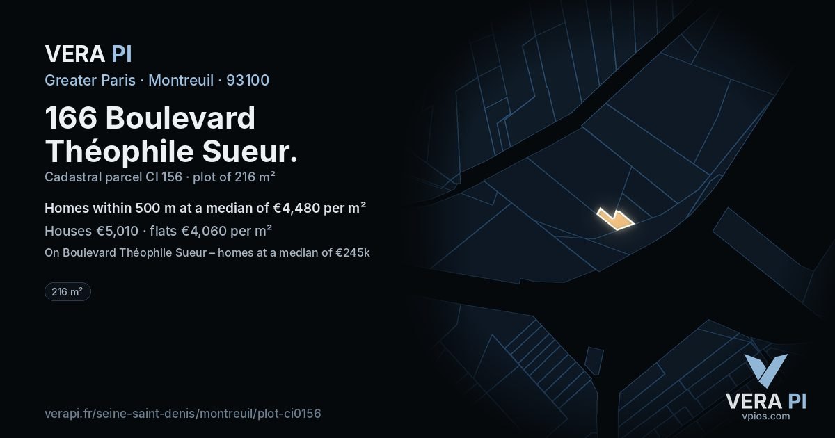 166 Boulevard Théophile Sueur, Montreuil at night – the plot lit, the parcels around coloured by the prices near them