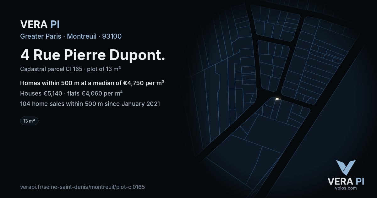 4 Rue Pierre Dupont, Montreuil at night – the plot lit, the parcels around coloured by the prices near them