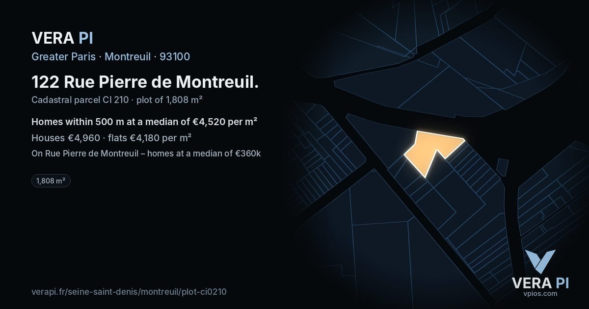 122 Rue Pierre de Montreuil, Montreuil at night – the plot lit, the parcels around coloured by the prices near them