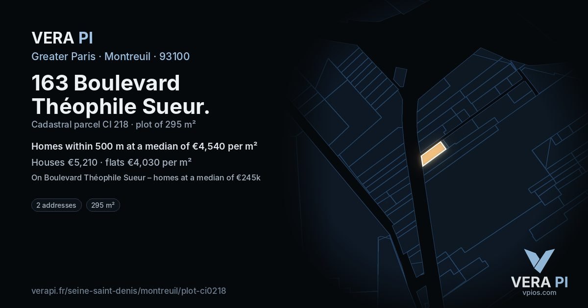 163 Boulevard Théophile Sueur, Montreuil at night – the plot lit, the parcels around coloured by the prices near them