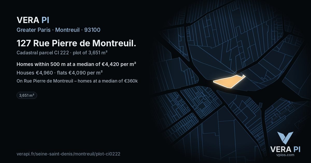 127 Rue Pierre de Montreuil, Montreuil at night – the plot lit, the parcels around coloured by the prices near them