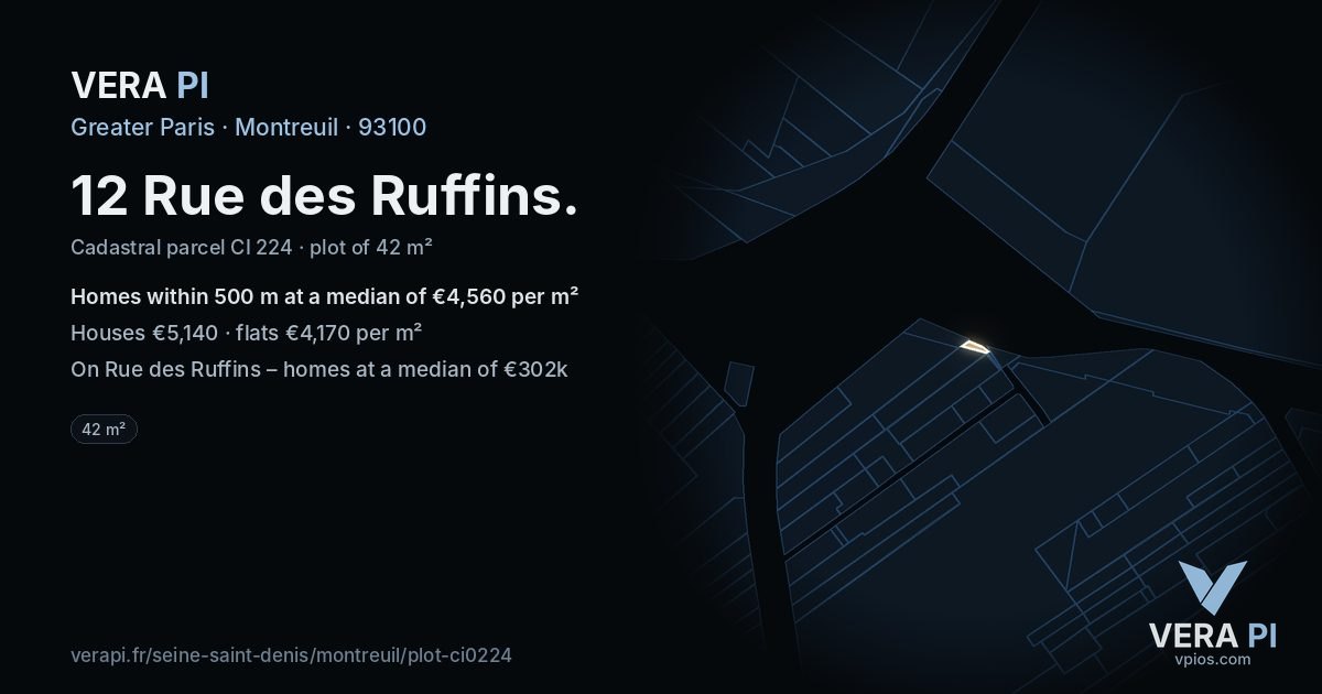 12 Rue des Ruffins, Montreuil at night – the plot lit, the parcels around coloured by the prices near them
