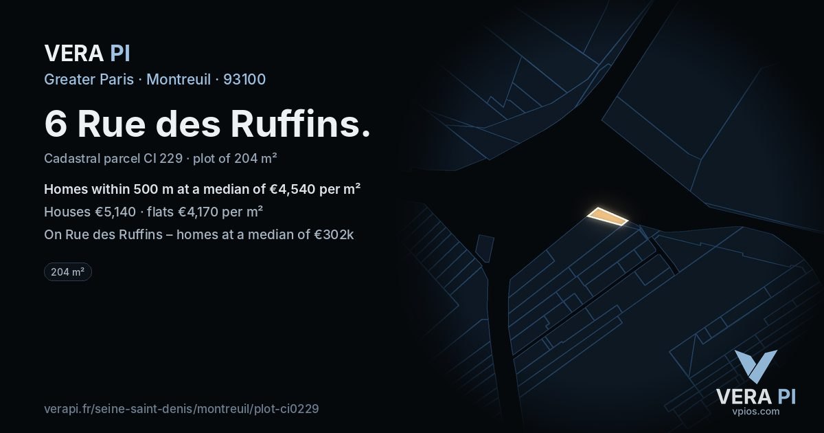 6 Rue des Ruffins, Montreuil at night – the plot lit, the parcels around coloured by the prices near them