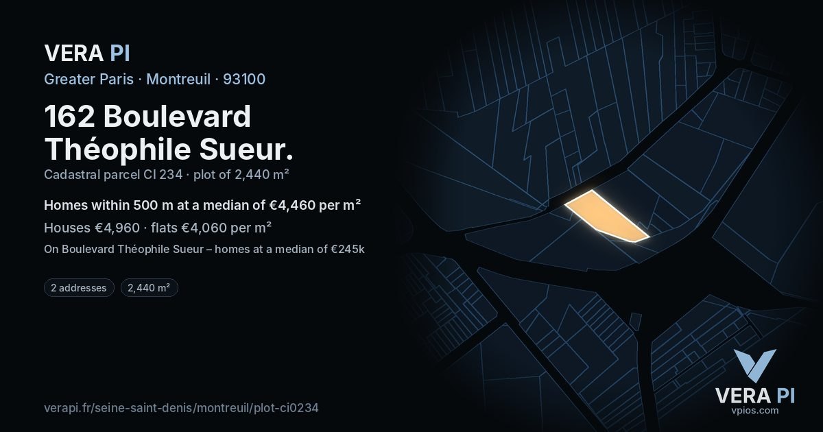 162 Boulevard Théophile Sueur, Montreuil at night – the plot lit, the parcels around coloured by the prices near them