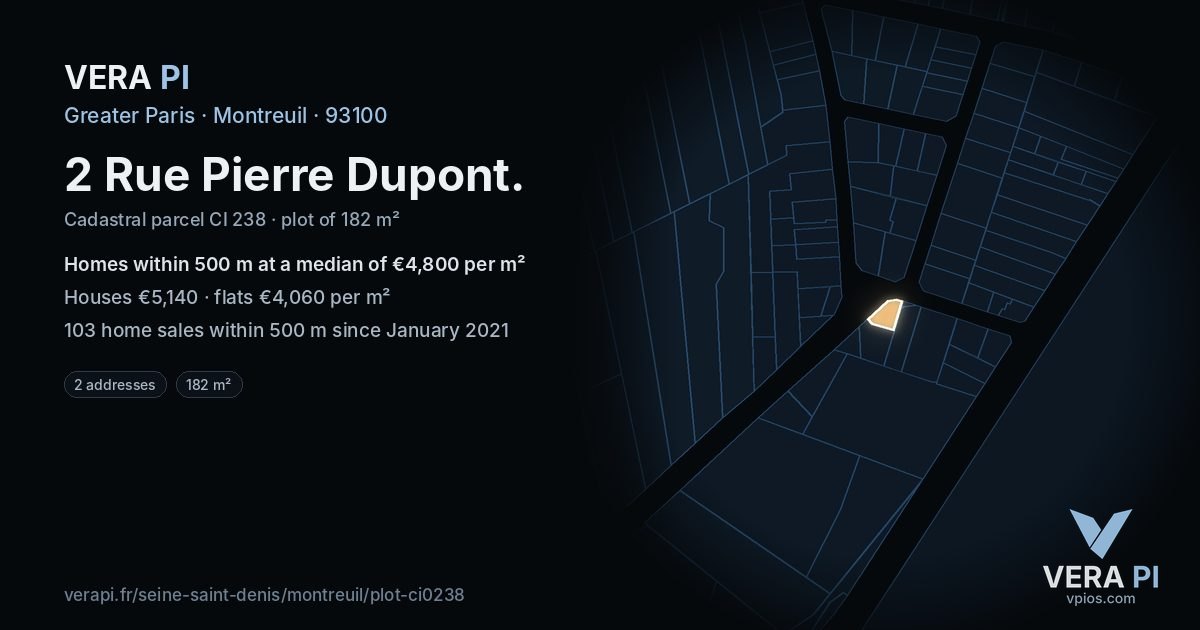 2 Rue Pierre Dupont, Montreuil at night – the plot lit, the parcels around coloured by the prices near them