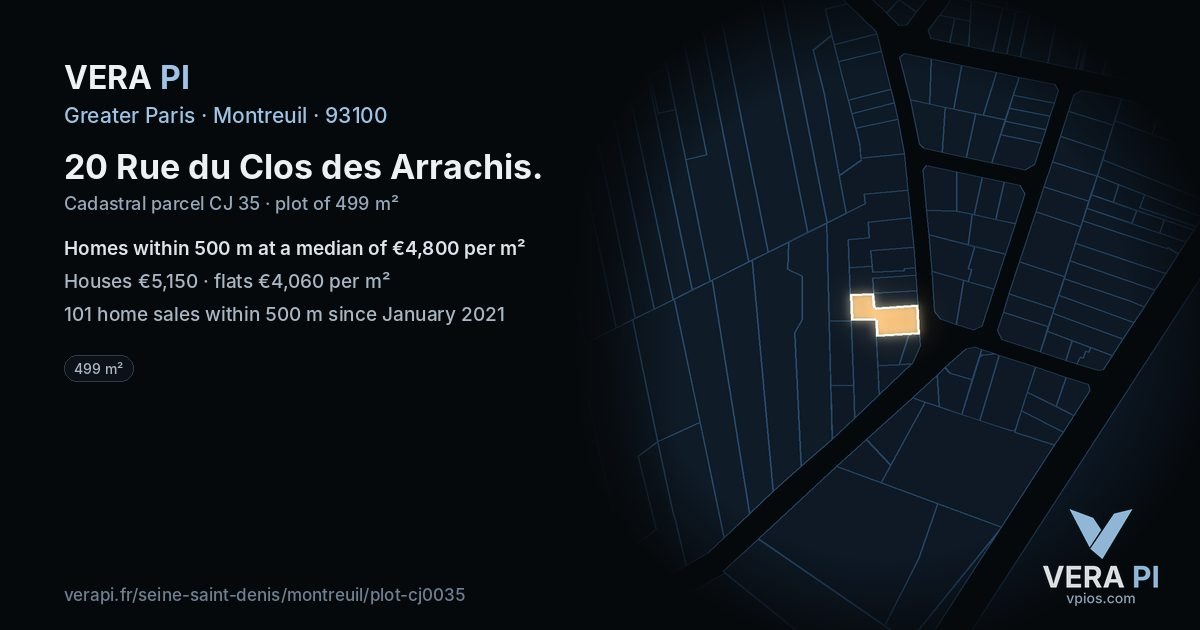 20 Rue du Clos des Arrachis, Montreuil at night – the plot lit, the parcels around coloured by the prices near them