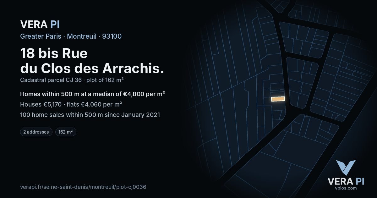 18 bis Rue du Clos des Arrachis, Montreuil at night – the plot lit, the parcels around coloured by the prices near them