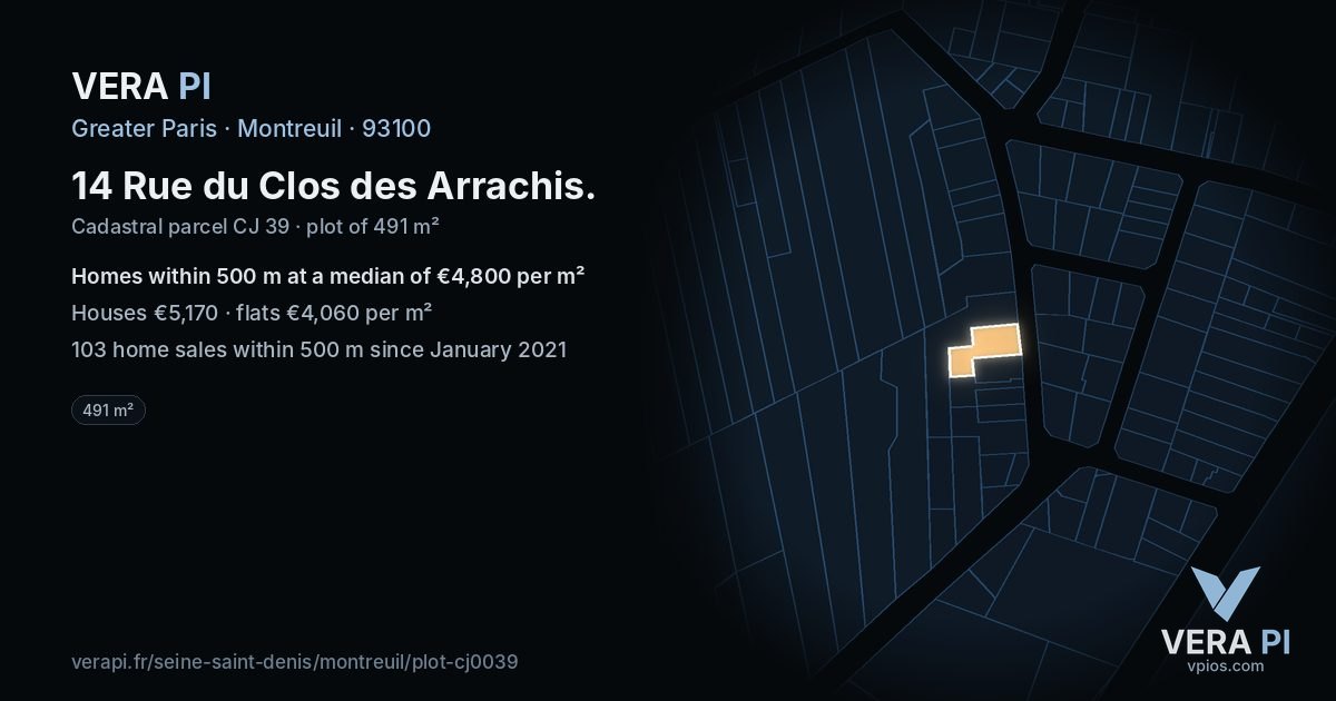 14 Rue du Clos des Arrachis, Montreuil at night – the plot lit, the parcels around coloured by the prices near them