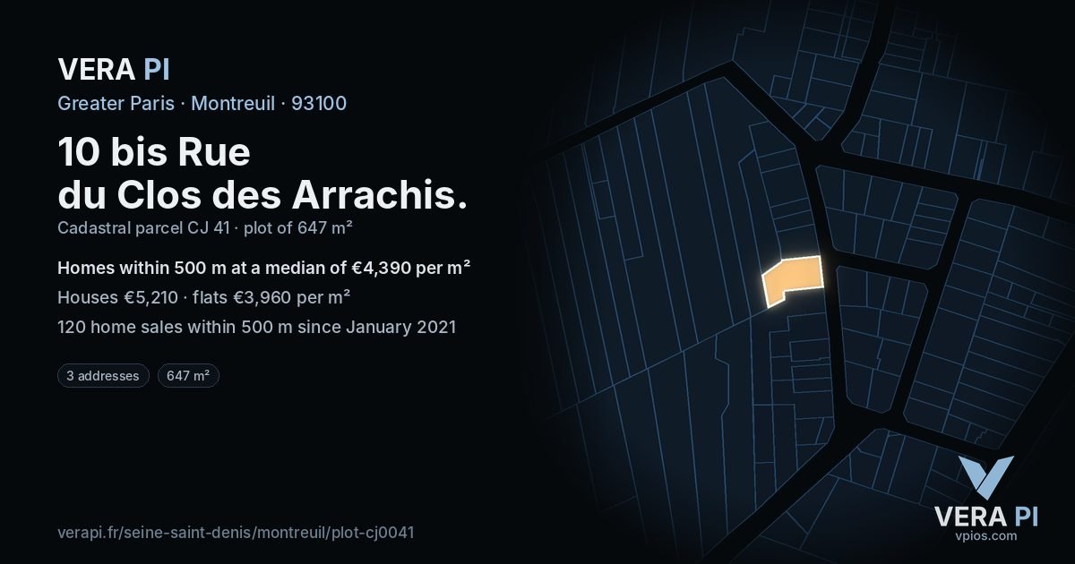 10 bis Rue du Clos des Arrachis, Montreuil at night – the plot lit, the parcels around coloured by the prices near them
