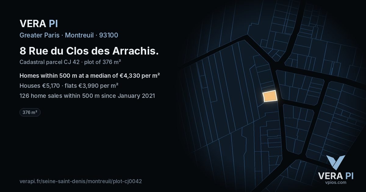 8 Rue du Clos des Arrachis, Montreuil at night – the plot lit, the parcels around coloured by the prices near them