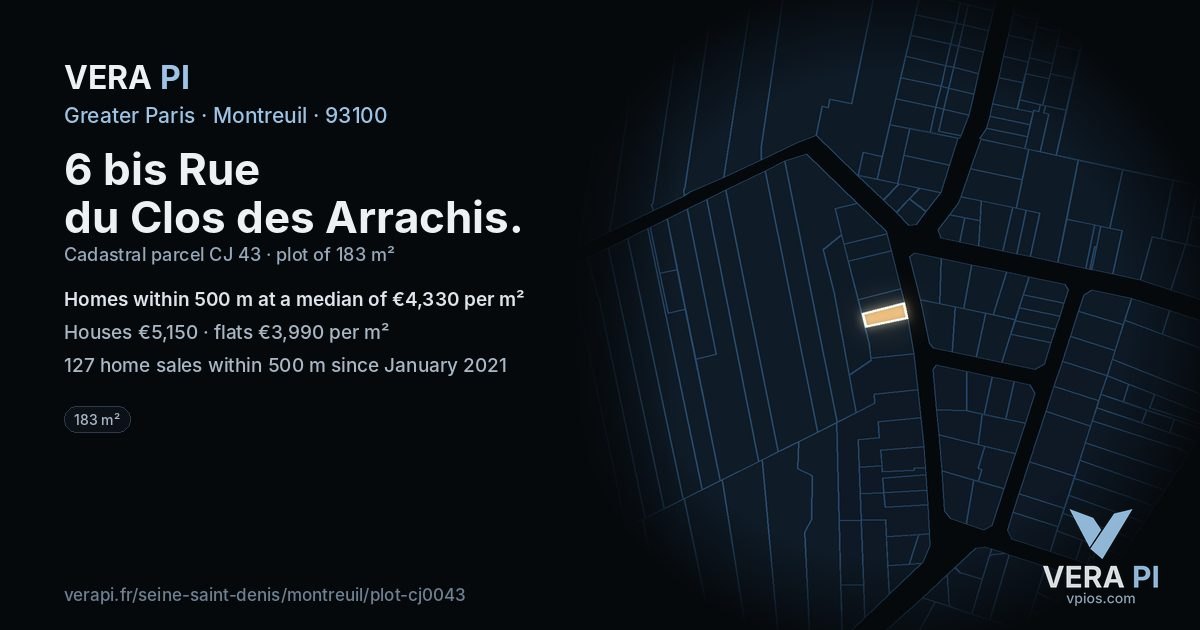 6 bis Rue du Clos des Arrachis, Montreuil at night – the plot lit, the parcels around coloured by the prices near them