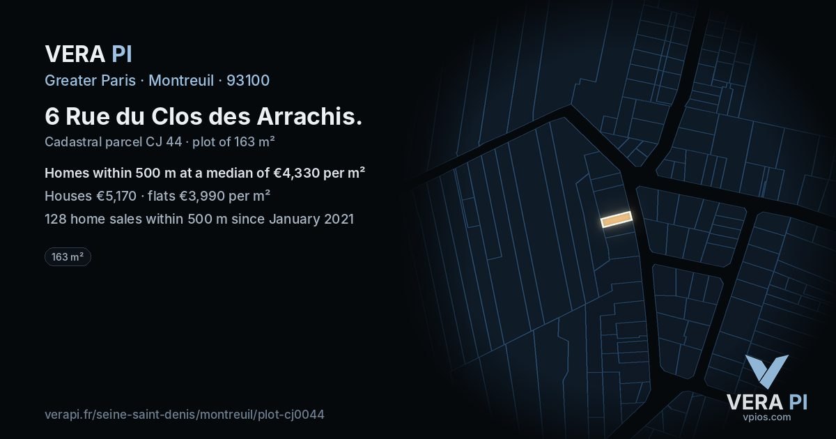 6 Rue du Clos des Arrachis, Montreuil at night – the plot lit, the parcels around coloured by the prices near them