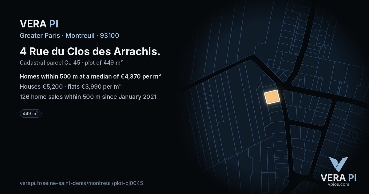 4 Rue du Clos des Arrachis, Montreuil at night – the plot lit, the parcels around coloured by the prices near them