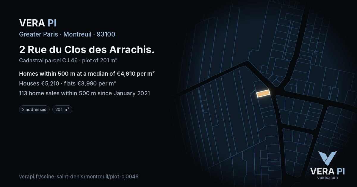 2 Rue du Clos des Arrachis, Montreuil at night – the plot lit, the parcels around coloured by the prices near them