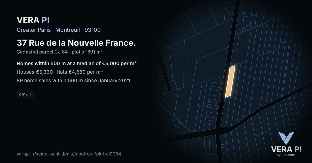 37 Rue de la Nouvelle France, Montreuil at night – the plot lit, the parcels around coloured by the prices near them