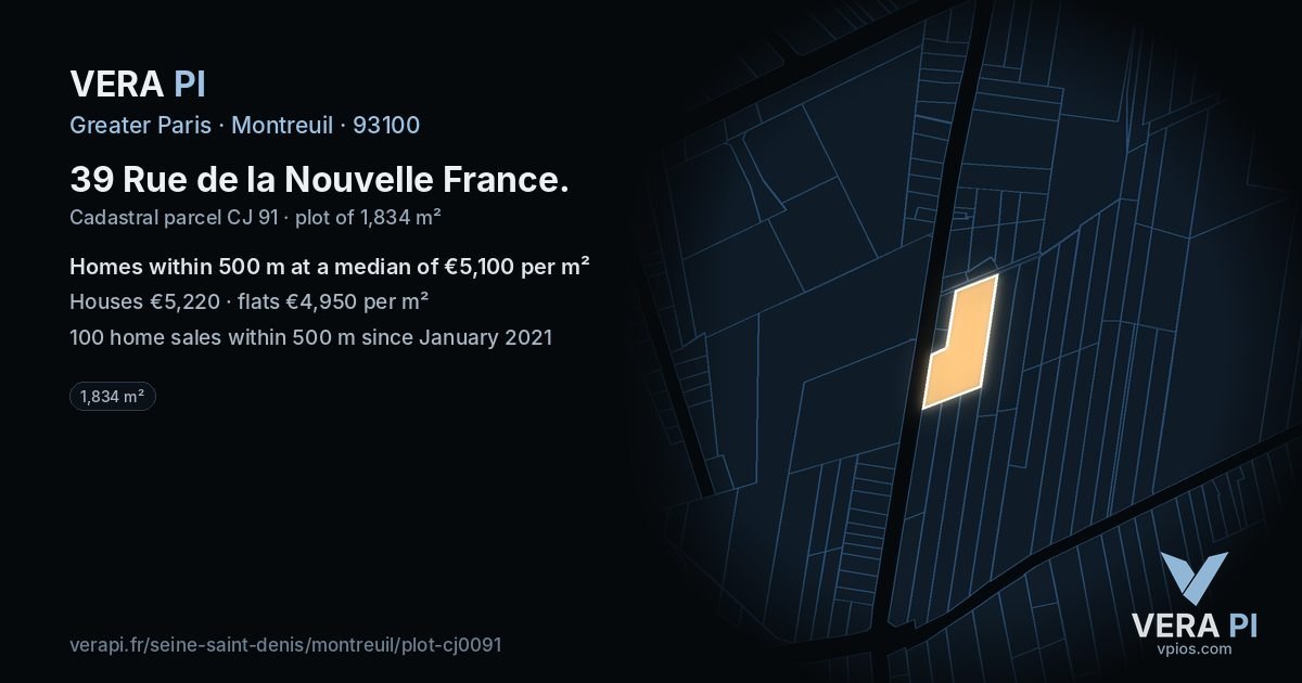 39 Rue de la Nouvelle France, Montreuil at night – the plot lit, the parcels around coloured by the prices near them