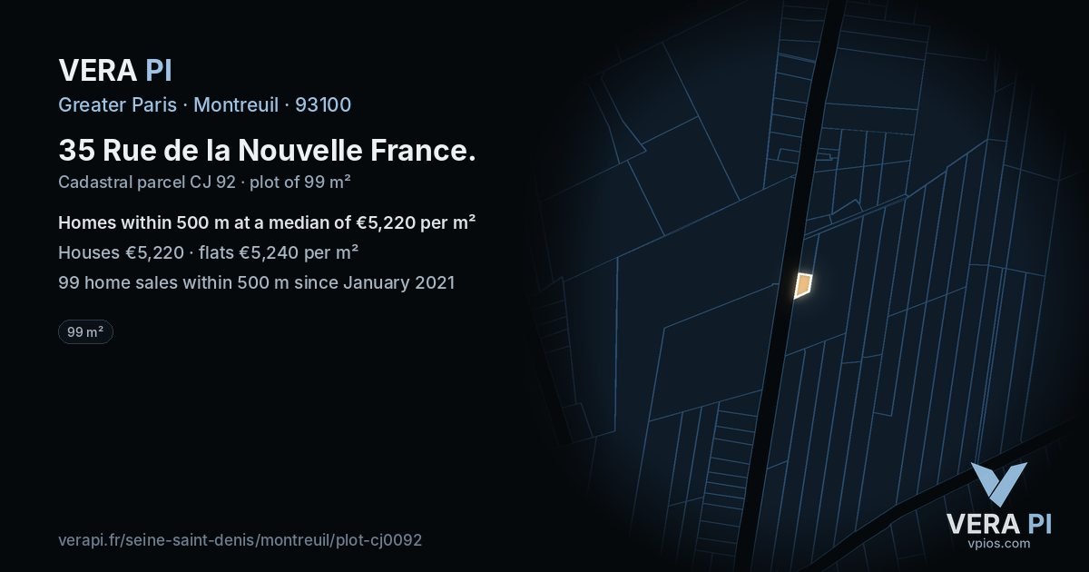 35 Rue de la Nouvelle France, Montreuil at night – the plot lit, the parcels around coloured by the prices near them