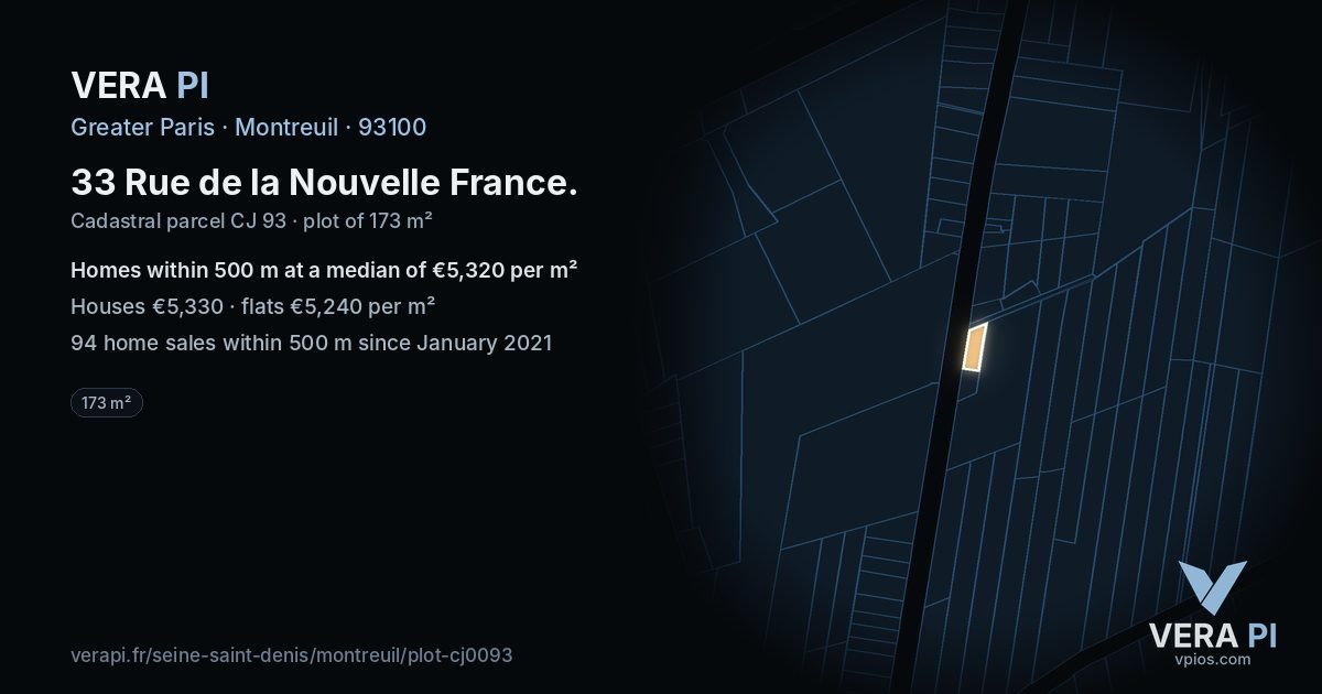 33 Rue de la Nouvelle France, Montreuil at night – the plot lit, the parcels around coloured by the prices near them