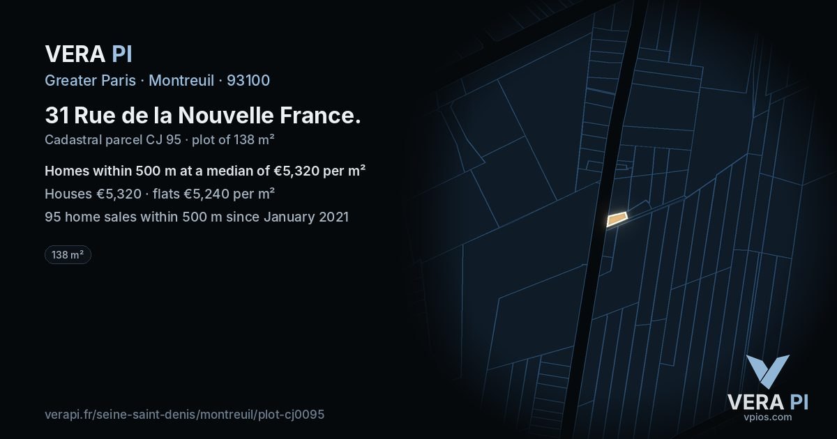 31 Rue de la Nouvelle France, Montreuil at night – the plot lit, the parcels around coloured by the prices near them