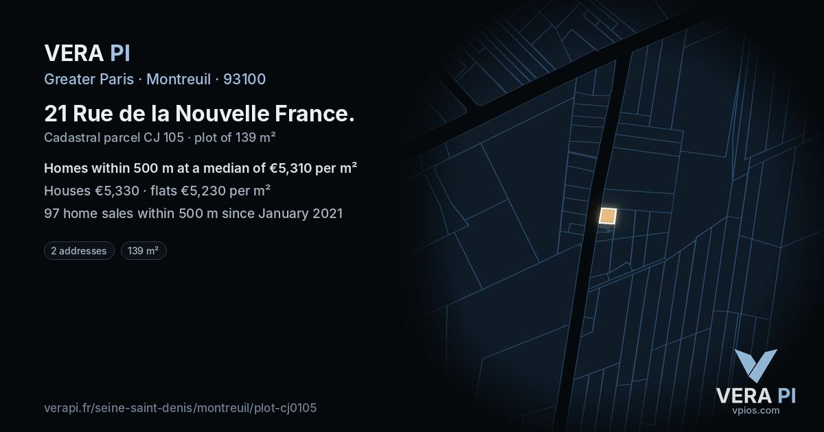 21 Rue de la Nouvelle France, Montreuil at night – the plot lit, the parcels around coloured by the prices near them