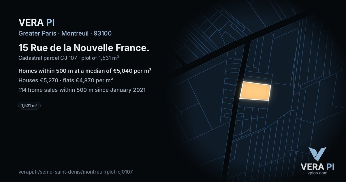 15 Rue de la Nouvelle France, Montreuil at night – the plot lit, the parcels around coloured by the prices near them
