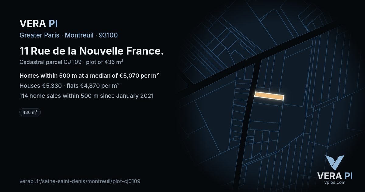 11 Rue de la Nouvelle France, Montreuil at night – the plot lit, the parcels around coloured by the prices near them