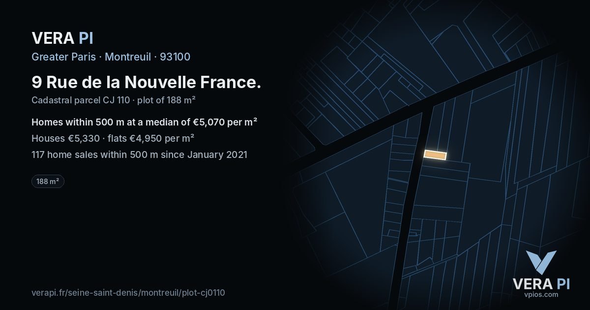 9 Rue de la Nouvelle France, Montreuil at night – the plot lit, the parcels around coloured by the prices near them
