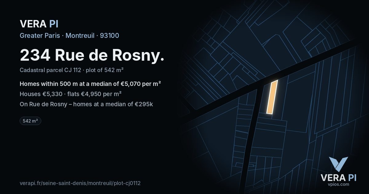 234 Rue de Rosny, Montreuil at night – the plot lit, the parcels around coloured by the prices near them