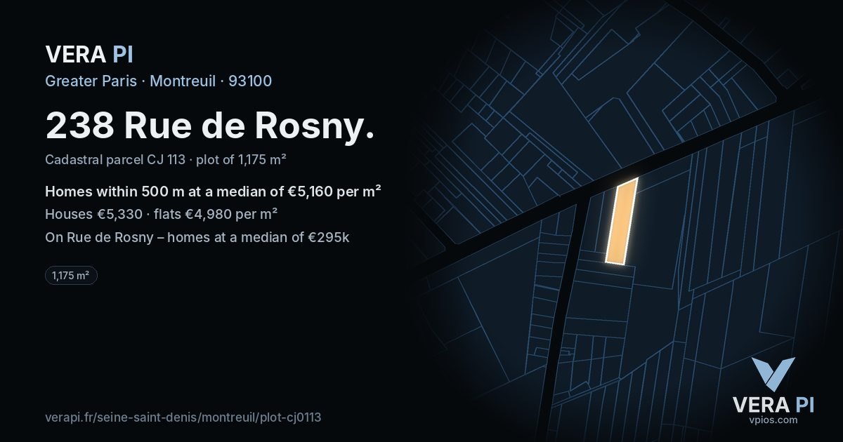 238 Rue de Rosny, Montreuil at night – the plot lit, the parcels around coloured by the prices near them