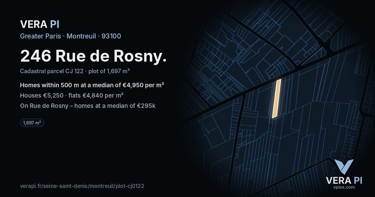 246 Rue de Rosny, Montreuil at night – the plot lit, the parcels around coloured by the prices near them