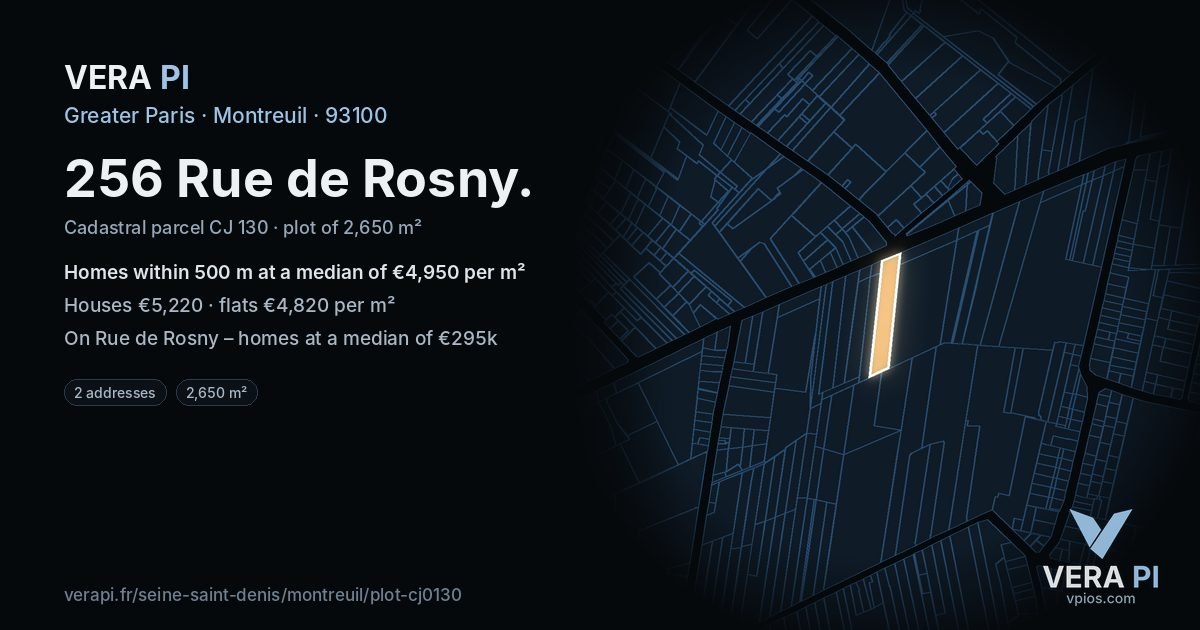 256 Rue de Rosny, Montreuil at night – the plot lit, the parcels around coloured by the prices near them