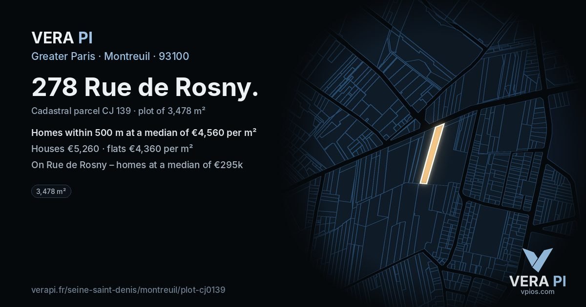 278 Rue de Rosny, Montreuil at night – the plot lit, the parcels around coloured by the prices near them