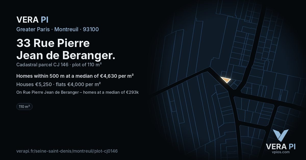 33 Rue Pierre Jean de Beranger, Montreuil at night – the plot lit, the parcels around coloured by the prices near them