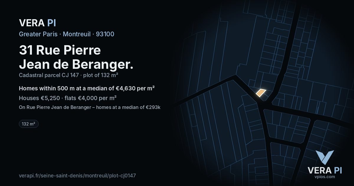 31 Rue Pierre Jean de Beranger, Montreuil at night – the plot lit, the parcels around coloured by the prices near them