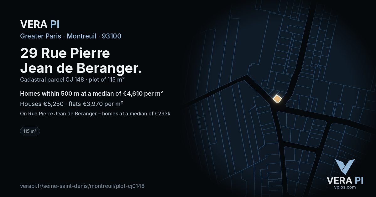29 Rue Pierre Jean de Beranger, Montreuil at night – the plot lit, the parcels around coloured by the prices near them