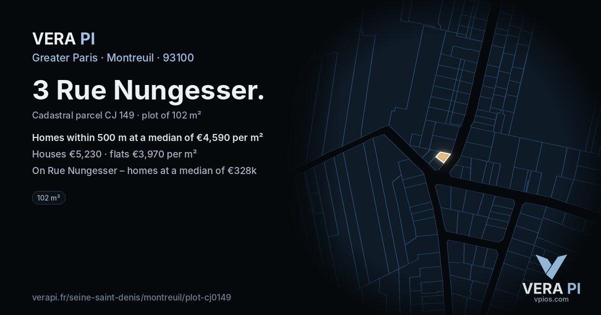 3 Rue Nungesser, Montreuil at night – the plot lit, the parcels around coloured by the prices near them