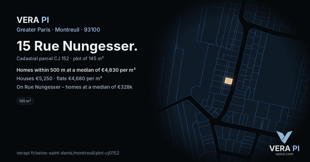 15 Rue Nungesser, Montreuil at night – the plot lit, the parcels around coloured by the prices near them