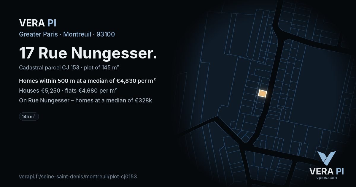 17 Rue Nungesser, Montreuil at night – the plot lit, the parcels around coloured by the prices near them