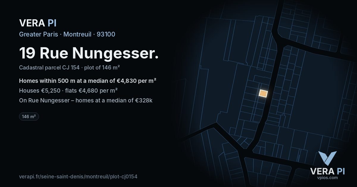 19 Rue Nungesser, Montreuil at night – the plot lit, the parcels around coloured by the prices near them