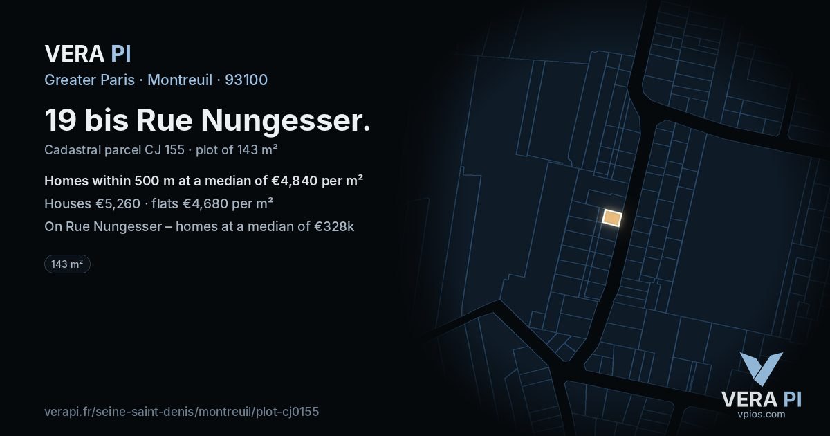 19 bis Rue Nungesser, Montreuil at night – the plot lit, the parcels around coloured by the prices near them
