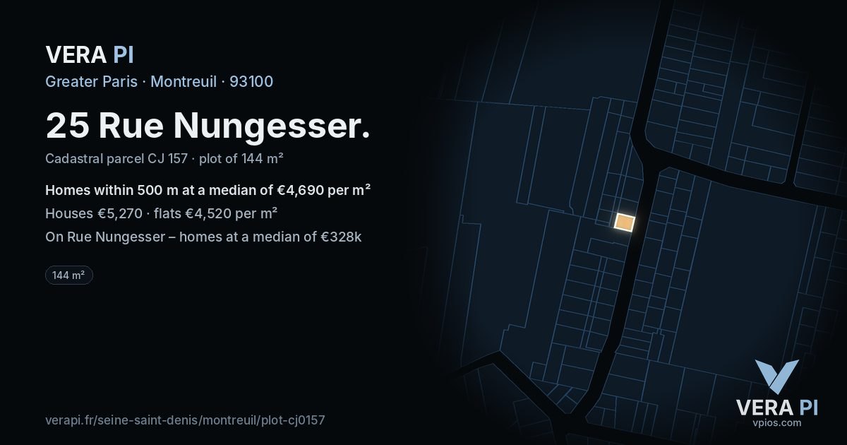 25 Rue Nungesser, Montreuil at night – the plot lit, the parcels around coloured by the prices near them